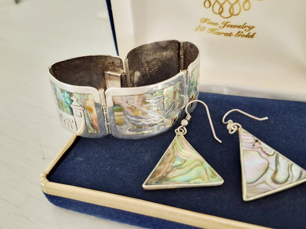 Vintage Sterling Silver Abalone Storyteller Panel Bracelet and Earring Set